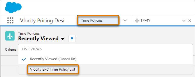 Time Policies workspace in Pricing Designer and Vlocity EPC Time Policy List under List Views.