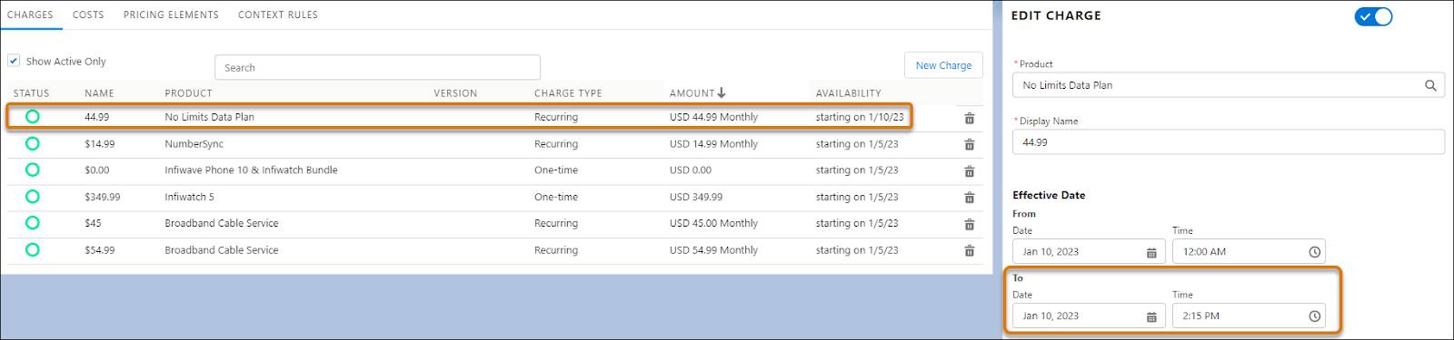 No Limits Data Plan price list entry and Effective To Date set to today.