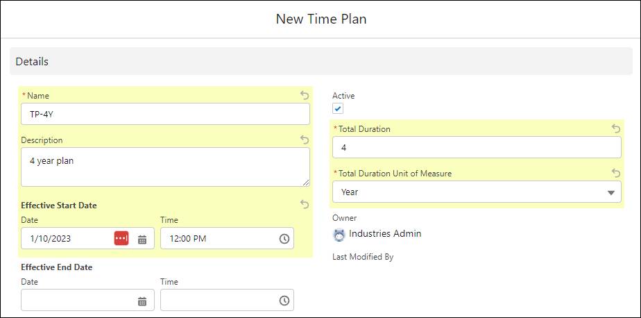 New Time Plan screen for a 4-year time plan.