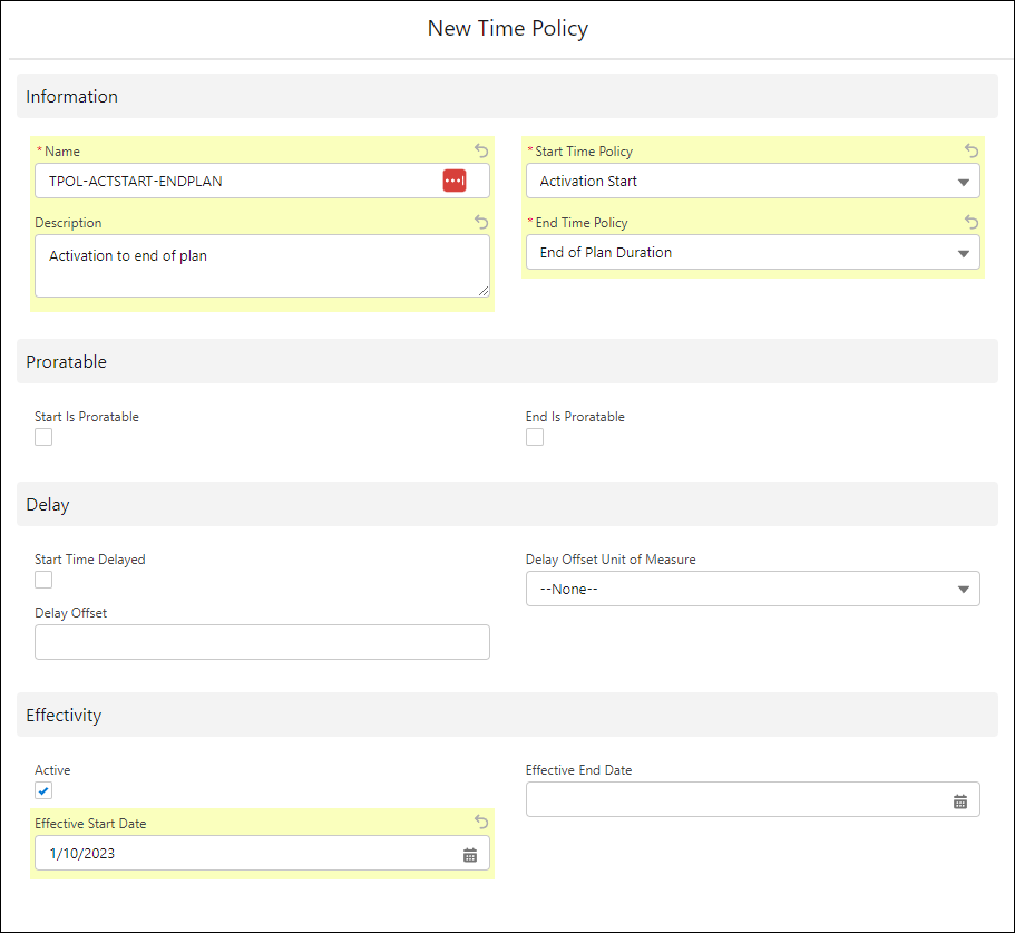 New Time Policy, and Proratable and Delay settings.