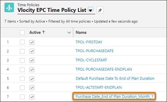 Time Policies workspace with Purchase Date_End of Plan Duration_Month_1 time policy.