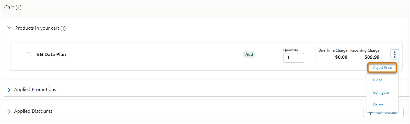 Adjust Price in dropdown menu next to 5G Data Plan line item in the Cart.