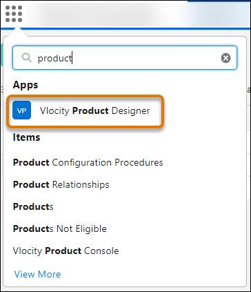 Vlocity Product Designer in App Launcher navigation menu.