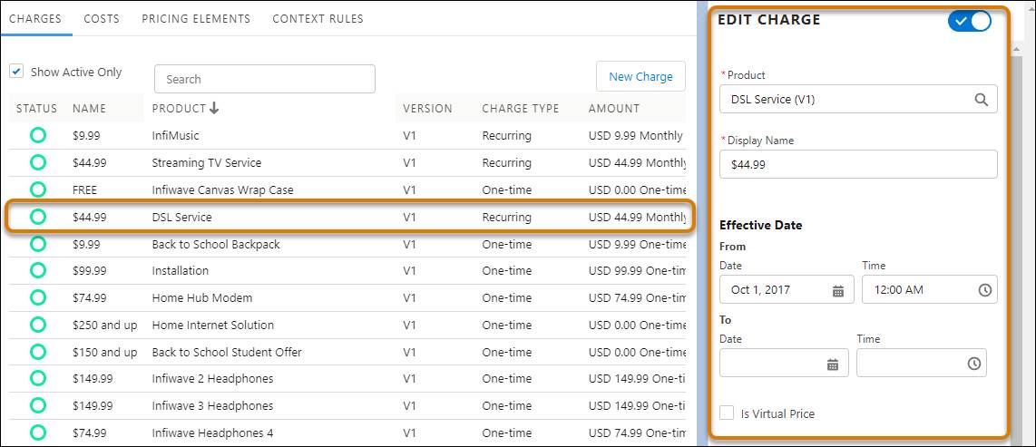 DSL サービス請求が選択され、[Edit Charge (請求を編集)] ペインに設定オプションが表示されている。