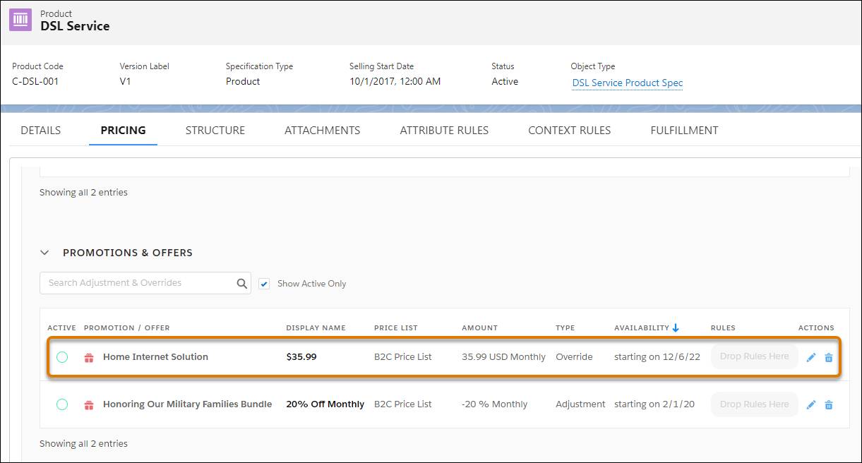 DSL サービス商品の [Pricing (価格設定)] タブの [Promotions & Offers (プロモーションとオファー)] セクションで、価格が 35.99 ドルに上書きされている。