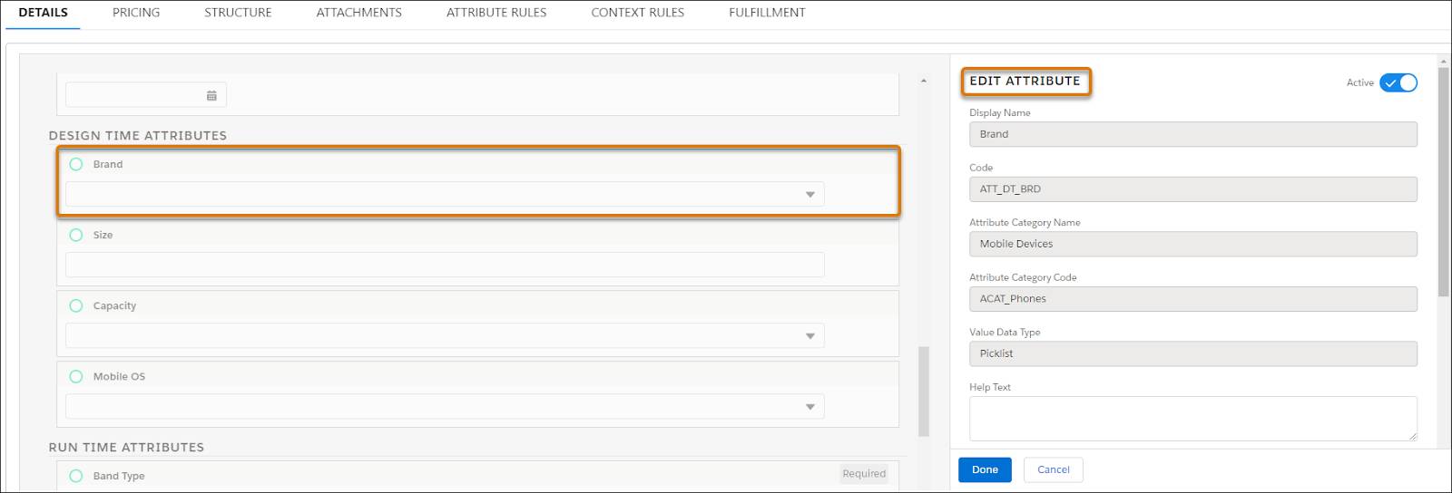 [Brand (ブランド)] という設計時属性と、対応する [Edit Attribute (属性を編集)] パネルが表示された [Details (詳細)] タブ。