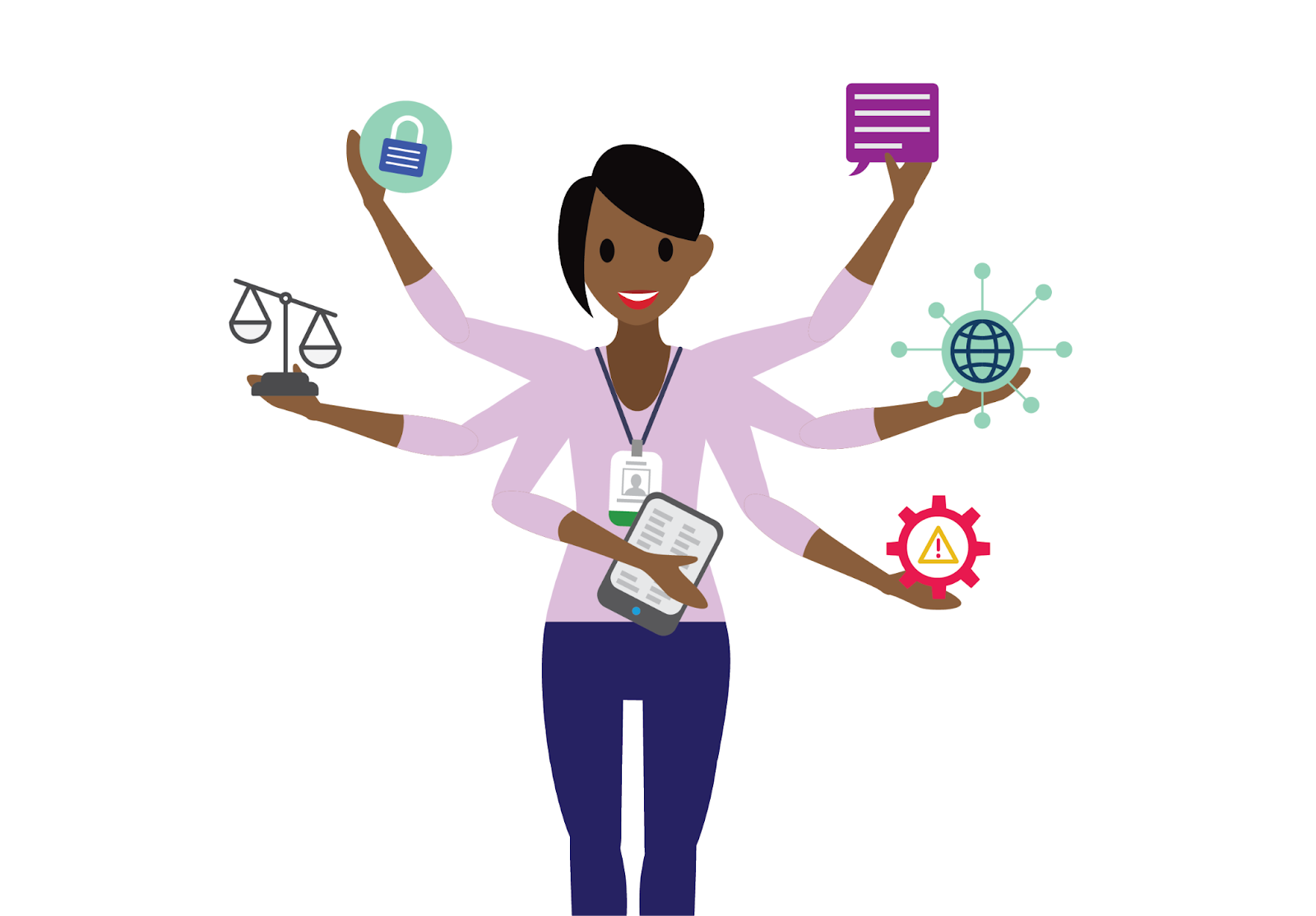 A person with multiple arms reaches toward symbols of the skills needed to be an infrastructure support specialist including a globe and a web symbolizing networking, a triangle with an exclamation point inside symbolizing risk, a scale symbolizing laws, a speech bubble symbolizing communication.