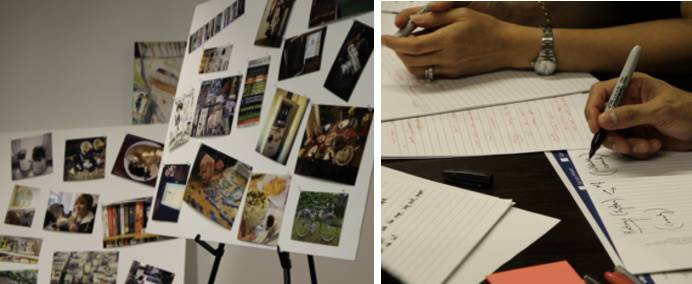 Two photos: one of boards with images on them, the other hands working together over papers