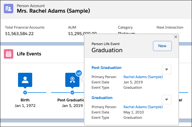 Full view of all the education life events for Rachel Adams.