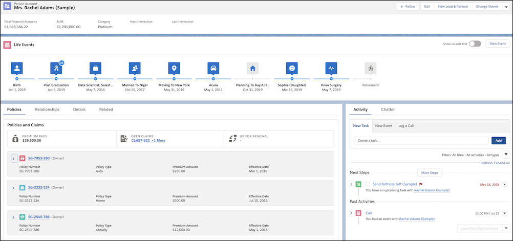 Rachel Adams’s person account page that shows her life events and her policies and claims, all in one consolidated view.