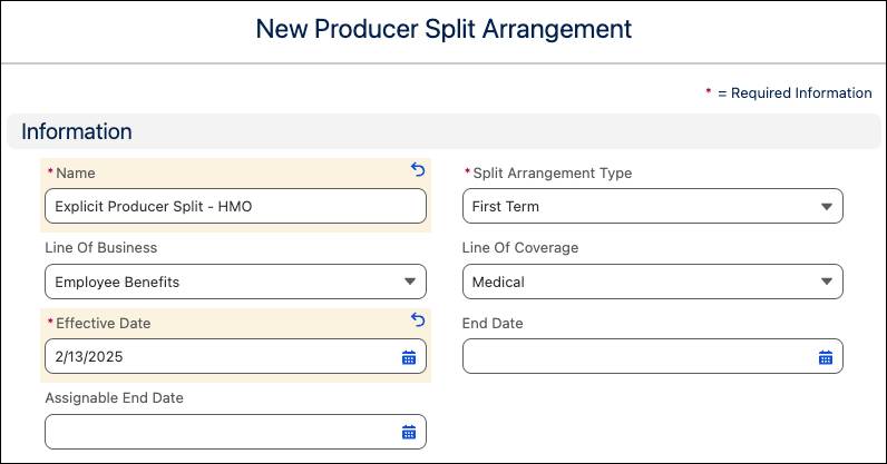 New Producer Split Arrangement with Commission type.
