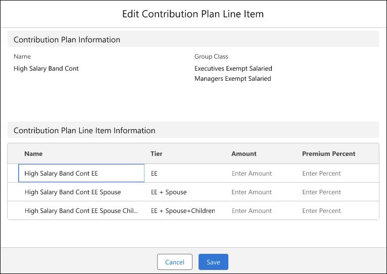 Three tiers of contribution plan for new contribution plan line item.