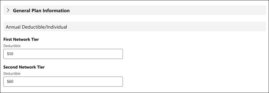 各階層の条件が指定された [Add Benefits (給付を追加)] ウィンドウの [General Plan Information (プランに関する一般情報)] セクション。