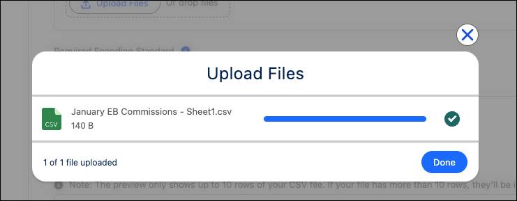Upload CSV window showing that the upload is complete.