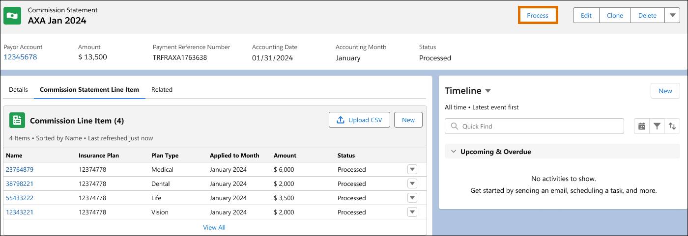 手数料ステートメント上の [Process (処理)] ボタン。