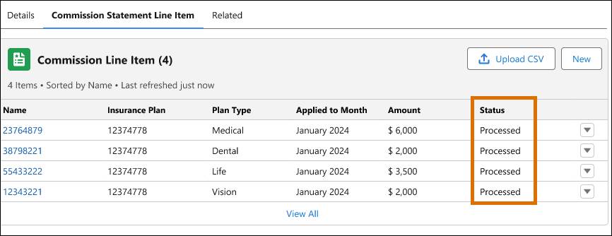 すべての項目が [Processed (処理済み)] 状況である手数料品目。