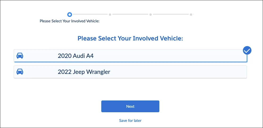 Screenshot of involved vehicle selection, with Anna’s Audi selected