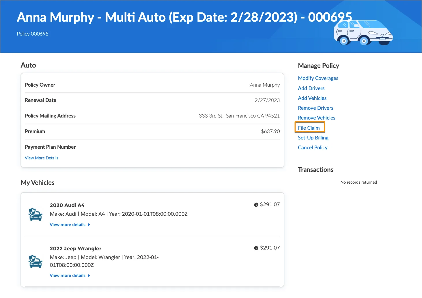 Screenshot of Anna’s policy page, with a File Claim option in the list of Manage Policy actions