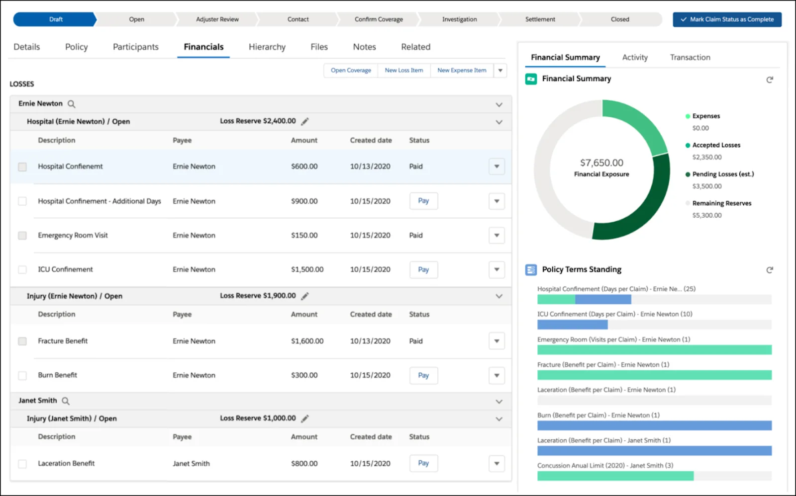 Example of the Adjuster’s Workbench with a list of all loss and expense payments, financial summary, and policy terms standing for a claim