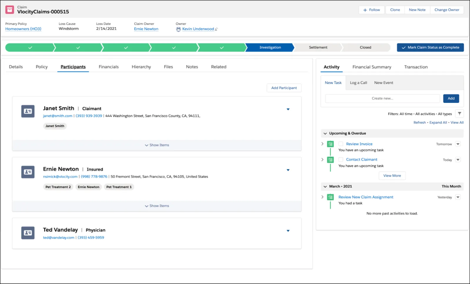 Example of the Participants tab where adjusters can easily view and modify claim participants and their loss information