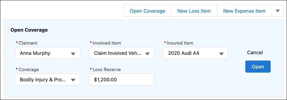 Screenshot of Open Coverage modal window with Bodily Injury & Property Damage coverage set to $1,200 loss reserve for Anna’s Audi