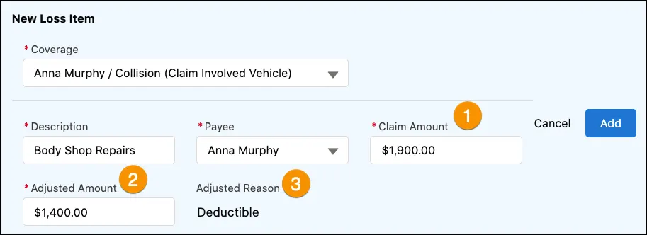 Anna Murphy Collision Loss Item, with Claim Amount of $1,900 and Adjusted Amount of $1,400 due to Deductible.