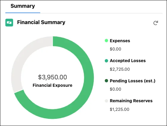 Financial Summary Chart updates with $2,725 accepted losses.