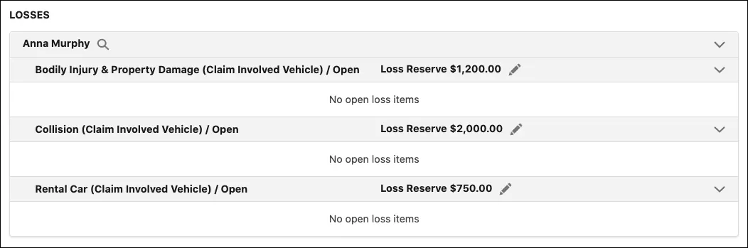 Three Claim Coverages open on Anna’s claim: Bodily Injury & Property Damage, Collision, and Rental Car