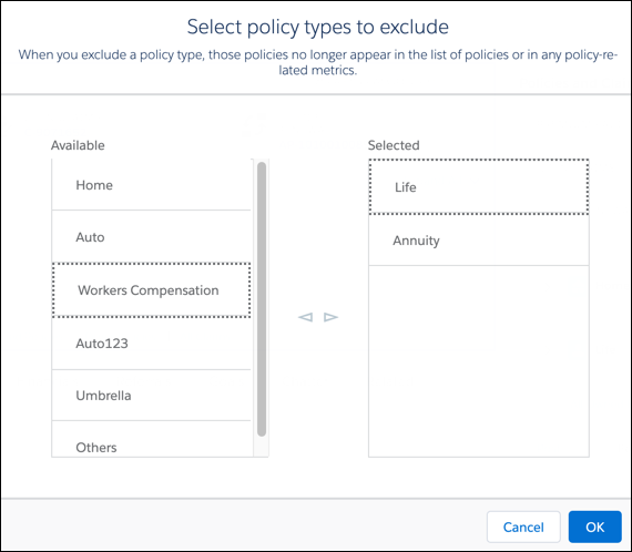 Image showing the Select policy types to exclude window, with Life and Annuity selected.