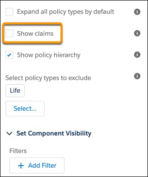 Image showing the Show claims option for the Policy component.