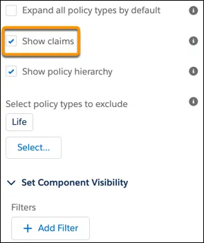 Image showing the Show claims option for the Policy component.