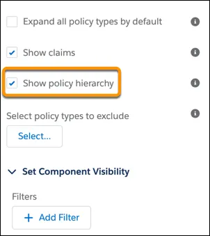 Image showing the Show policy hierarchy option for the Policy component