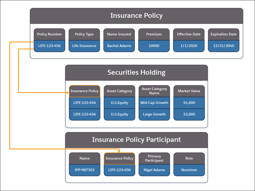 该图显示了“保险单”，“证券持有”和“保险单参与者”对象中包含的信息以及它们之间的关系。