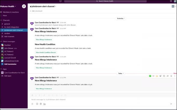A Slack channel posting health updates for a member.