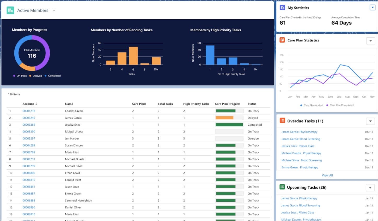 The analytics dashboard displaying various metrics related to active members.