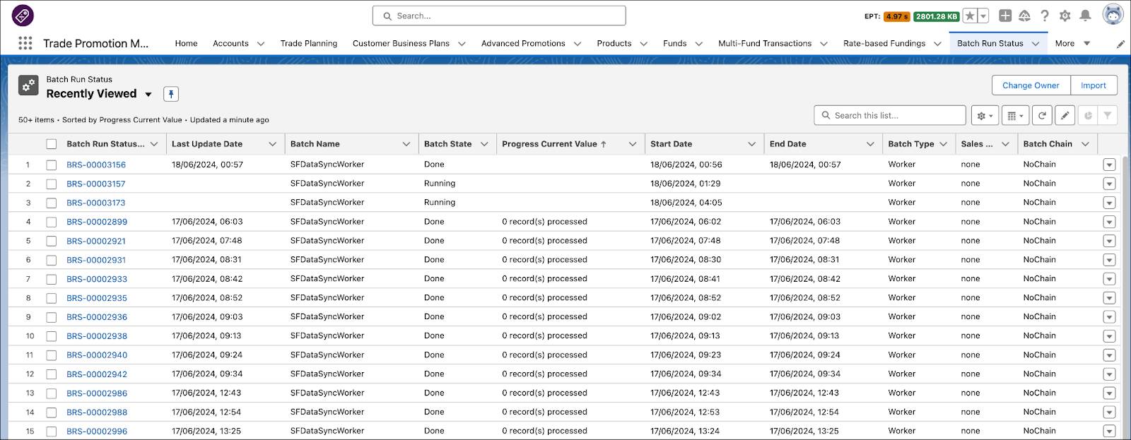 The Batch Run Status page showing the status of batch jobs.