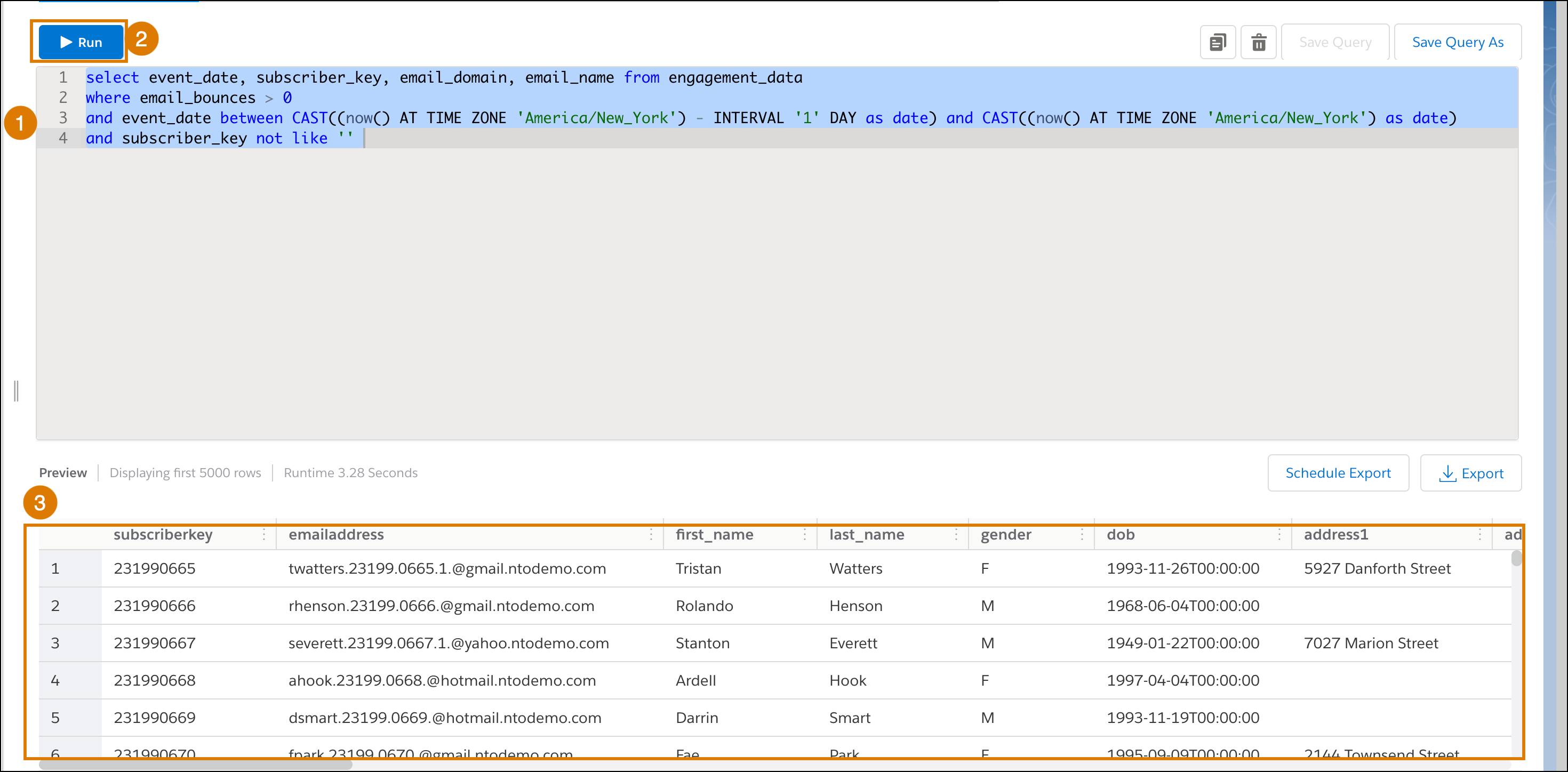 Example of SQL query with results