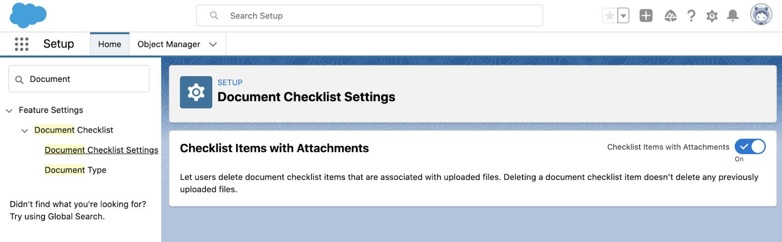 The Document Checklist Settings page with Checklist Items with Attachments enabled.