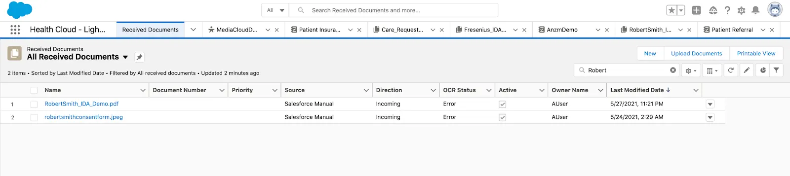 The Received Documents tab, showing the buttons New, Upload Documents, and Printable View.