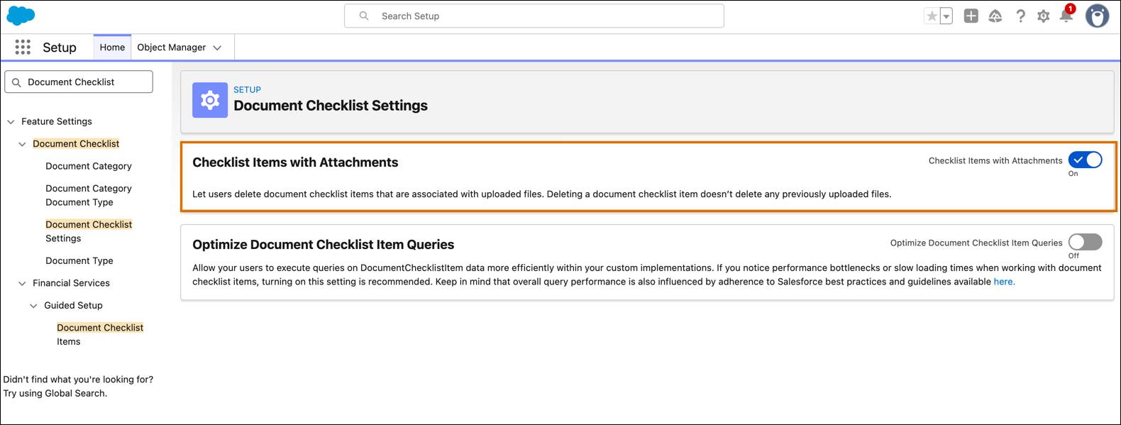 [Checklist Items with Attachments (添付ファイル付きのチェックリスト項目)] が有効になっている [Document Checklist Settings (ドキュメントチェックリスト設定)] ページ。