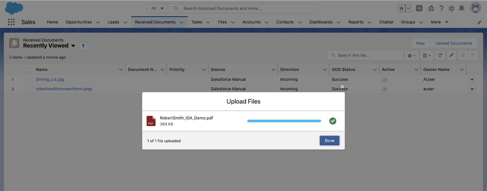 The Upload Files window showing Robert Smith’s document being uploaded onto Health Cloud from the Received Documents tab.