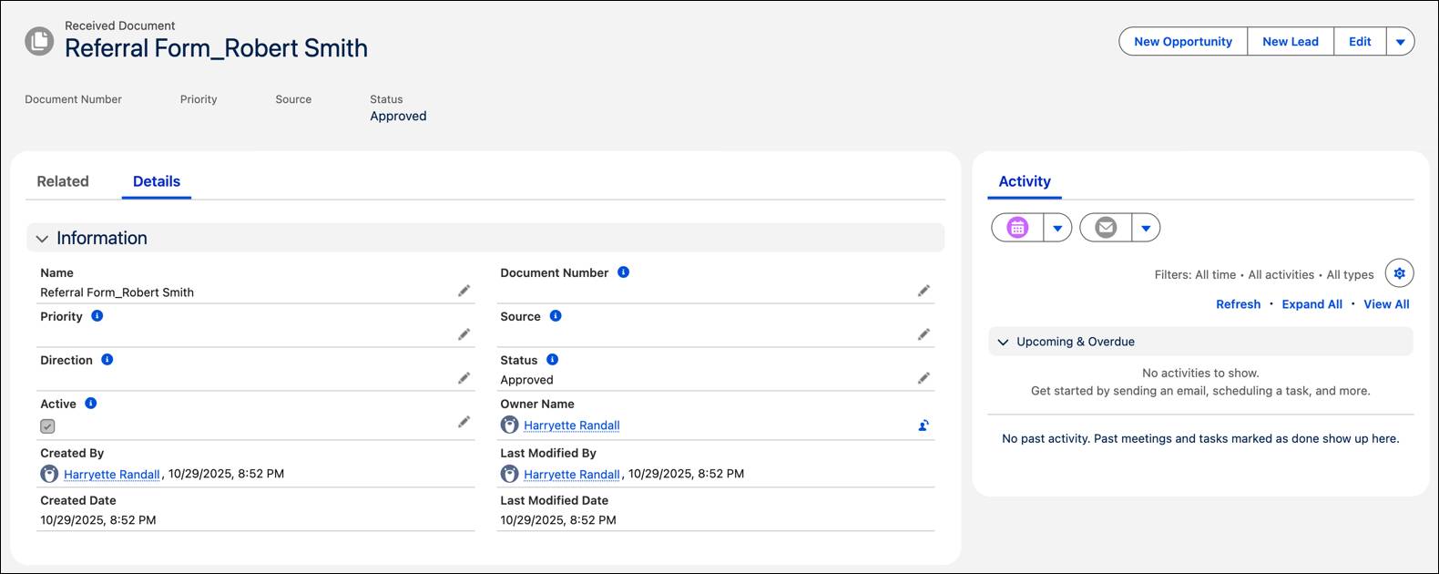 The record page of Robert Smith’s referral form showing the dropdown list.