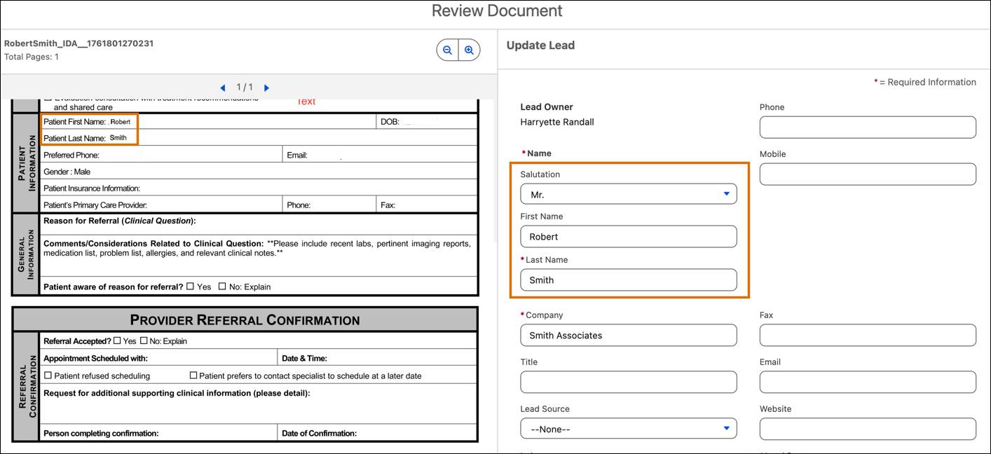 The Review Document window showing the extracted details of Robert Smith’s referral form.