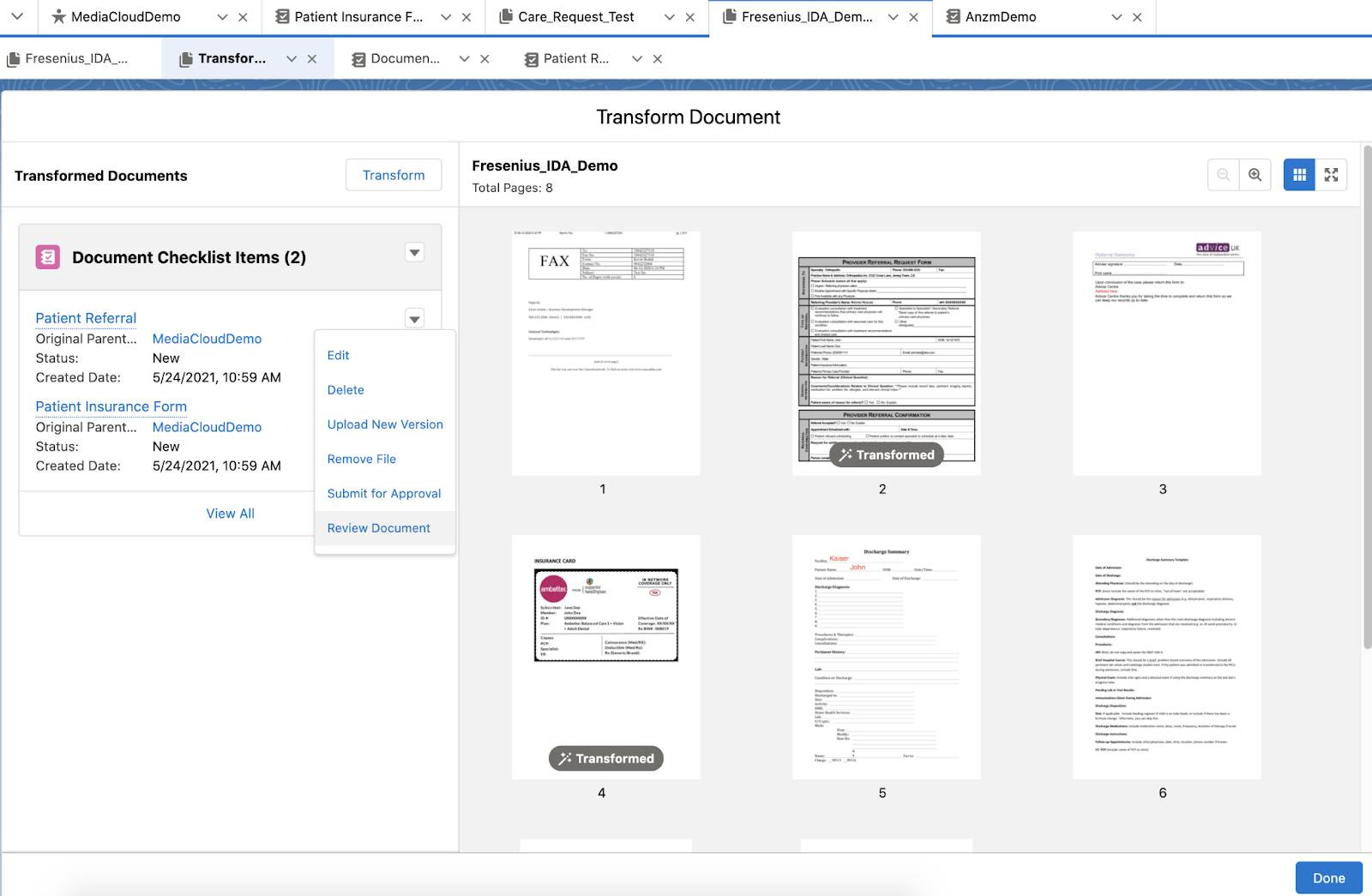The Transform Document page showing Document Checklist items with Review Document selected.