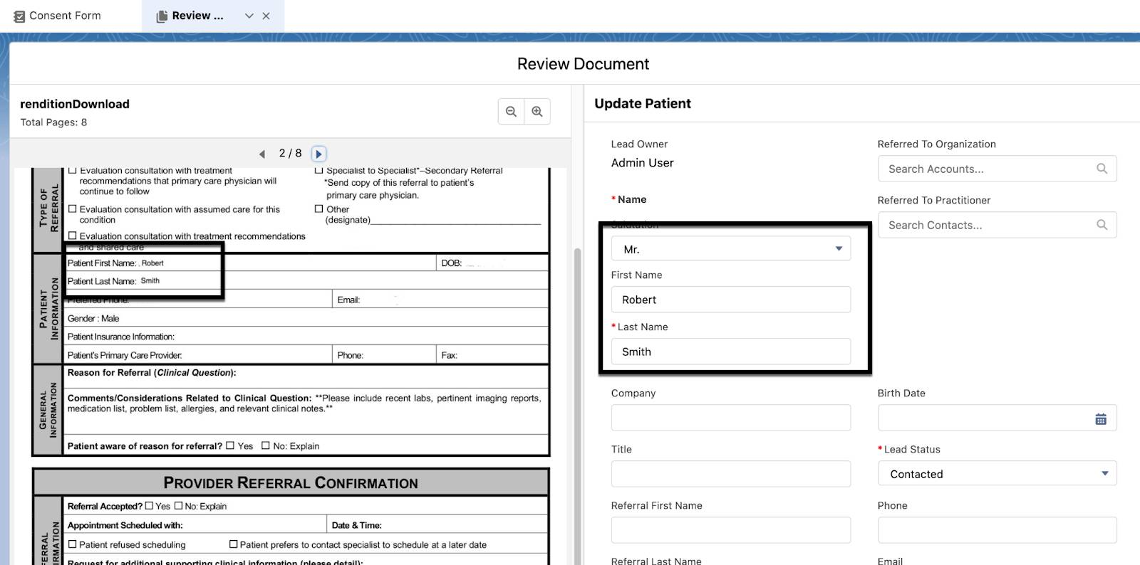 The Review Document window showing the extracted details of Robert Smith’s referral form.