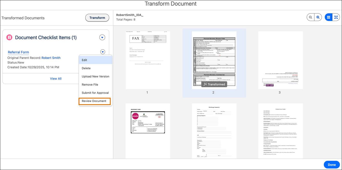 The Transform Document page showing Document Checklist items with Review Document selected.