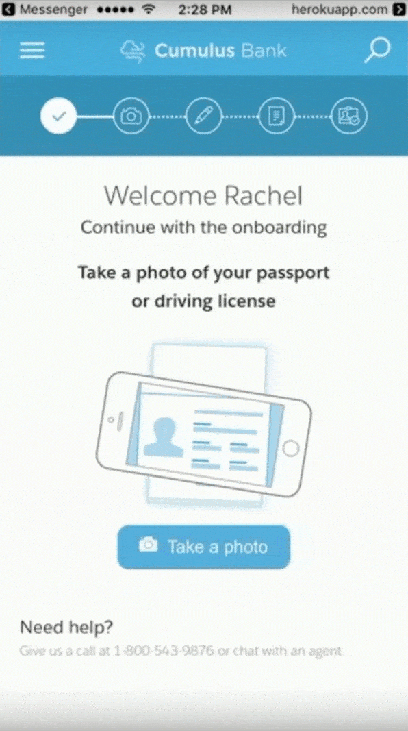 Animation showing how Rachel can use the Cumulus mobile app to upload her identity documents, which prepopulates her onboarding application and adds data to her record in Salesforce