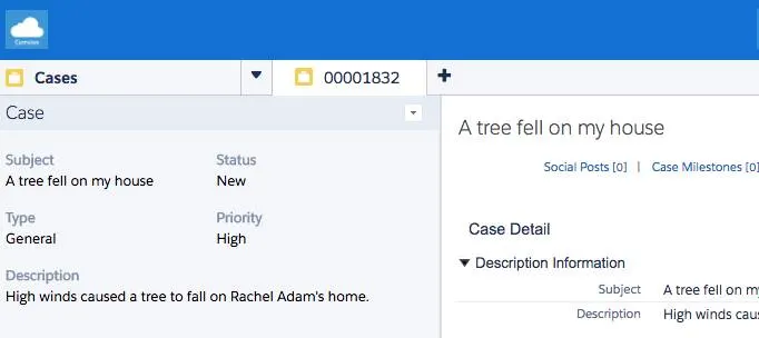 Screenshot showing Rachel’s case in Service Cloud Console