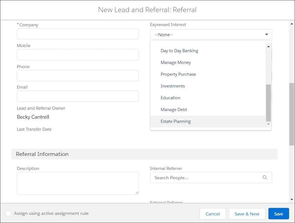 New Lead and Referral dialog box showing Estate Planning on the Expressed Interest picklist.