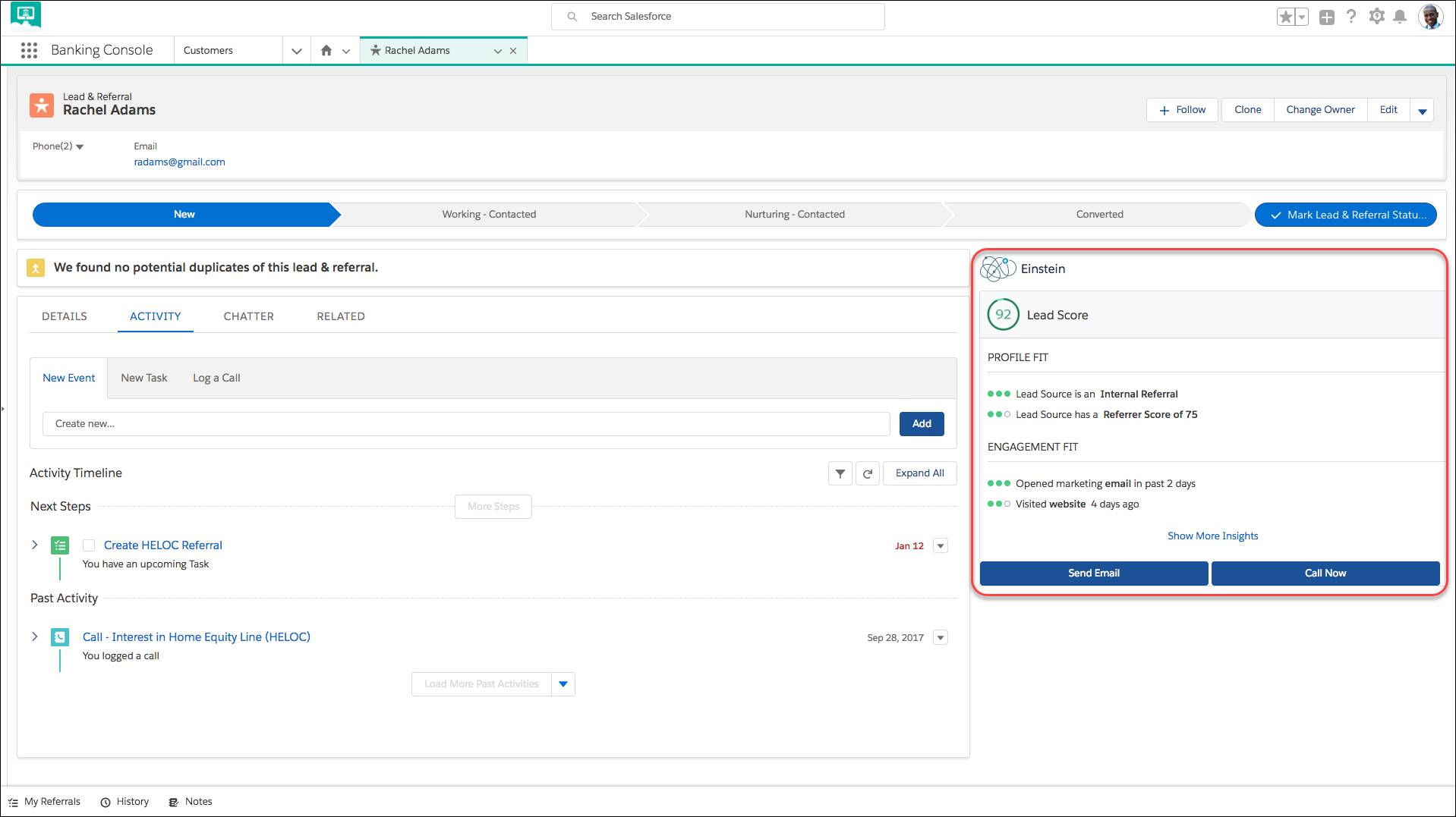 Rachel Adams’s page with the Einstein tile highlighted, displaying a lead score of 92.